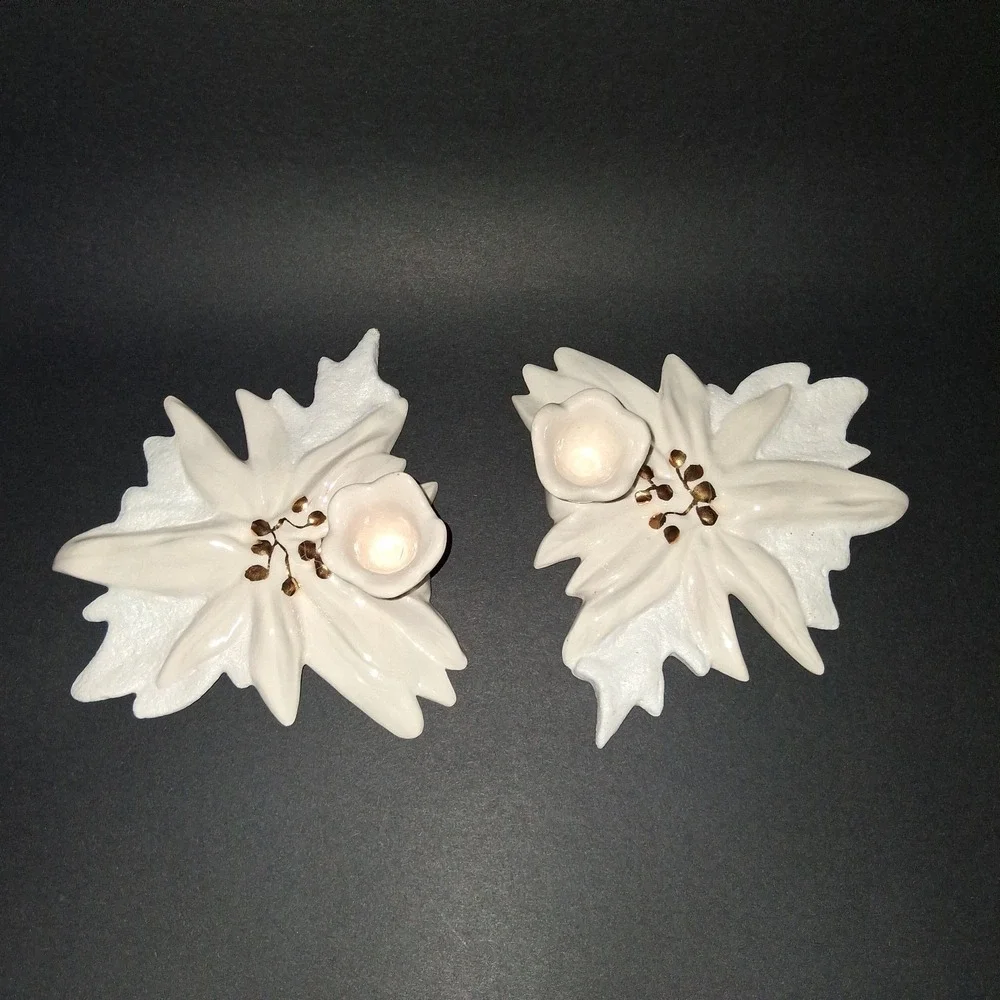 Two Ceramic White‎ Poinsettia Candlestick Holders